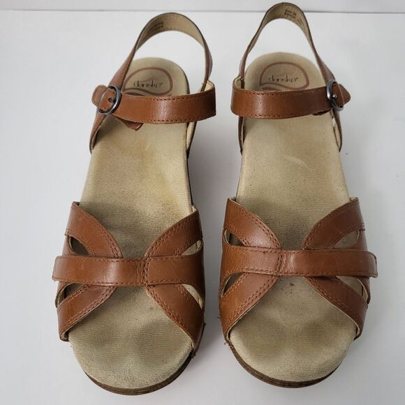 DANSKO Season Sandals Womens 7.5 8 38 Camel Brown Leather Strappy Wedge Comfort - Picture 2 of 11